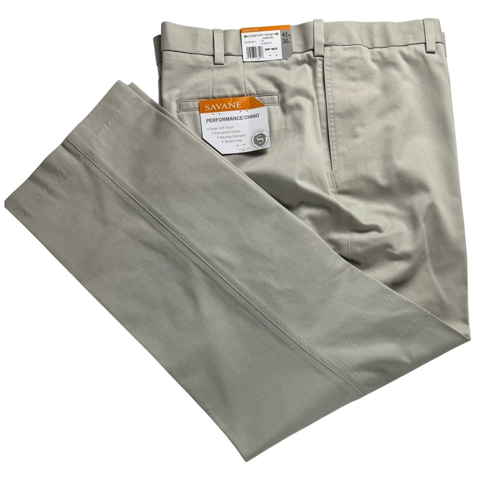 Savane Performance Chino Pants Mens 42Wx30L Alabaster Comfort Waist Straight Fit